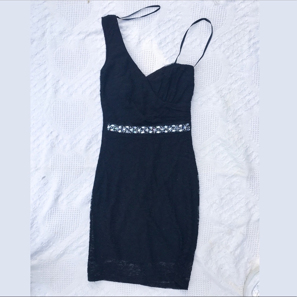 One shoulder black lace formal dress